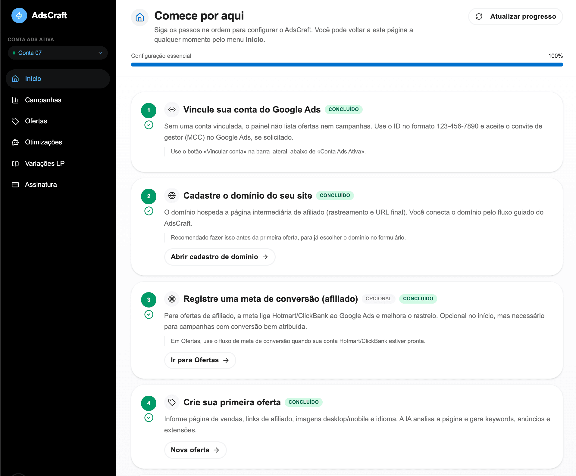 Demonstração do painel de campanhas AdsCraft